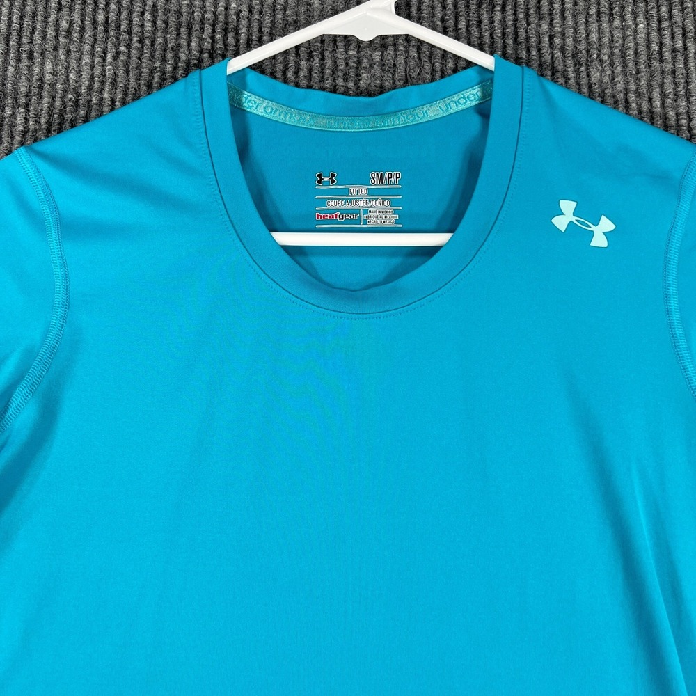 Under Armour Shirt Womens Small Blue Fitted Short Sleeve Heat Gear Active Gym